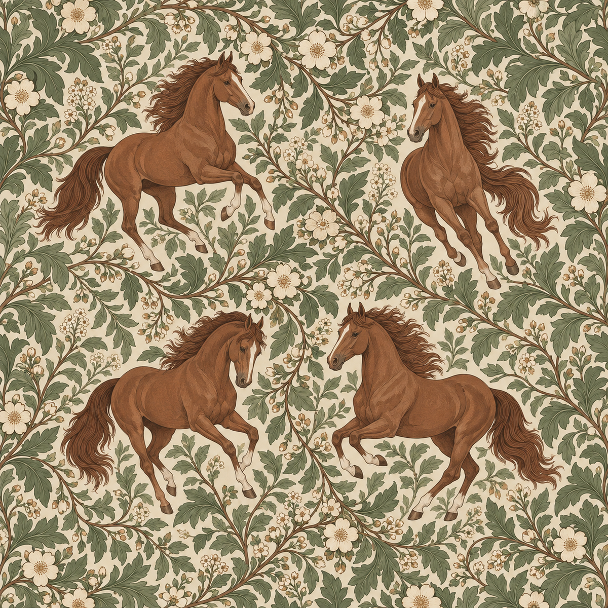 Overall pattern view from wallpaper swatch featuring horses and botanical scrolls