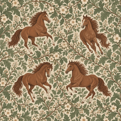 Overall pattern view from wallpaper swatch featuring horses and botanical scrolls