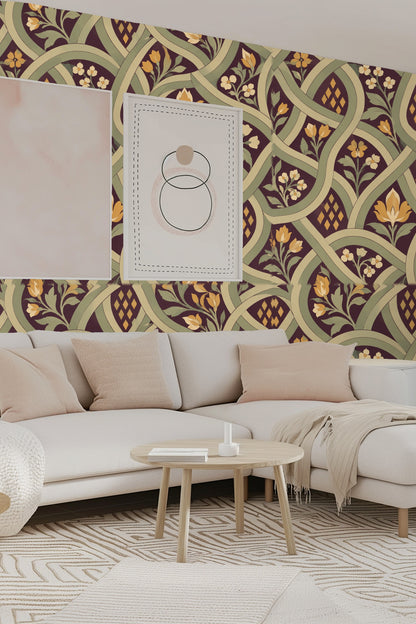 Wall covered with patterned wallpaper featuring diamond shapes in lattice openings