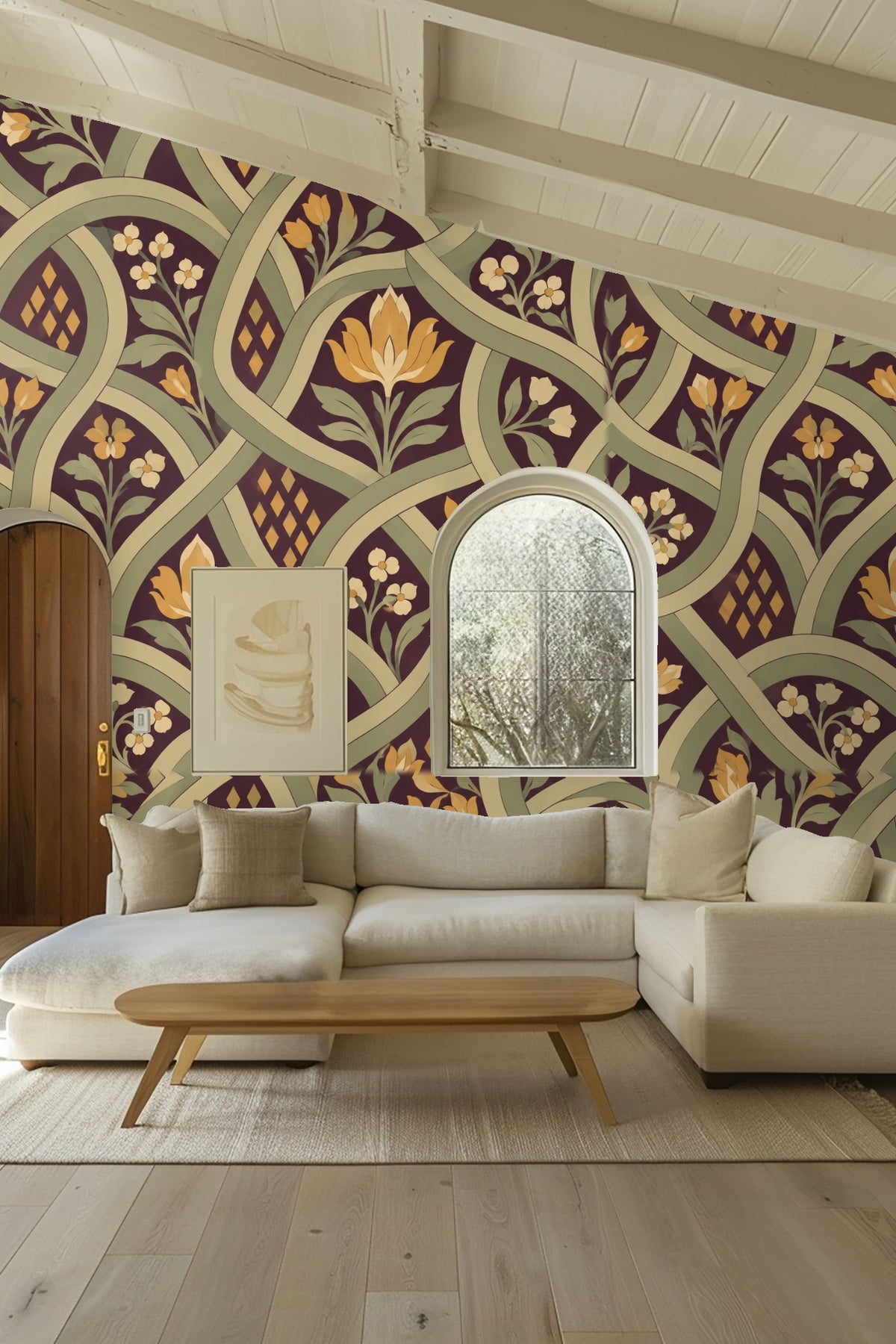 Living room with high beamed ceiling and Moorish Garden Lattice wallpaper behind neutral sectional and wood table