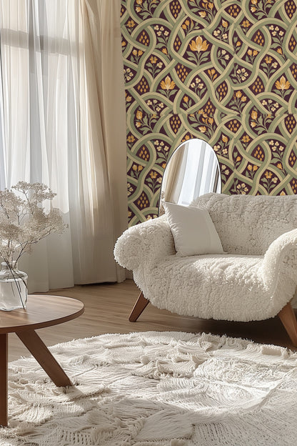 Living room corner with patterned wallpaper accented by curved arched window and neutral art