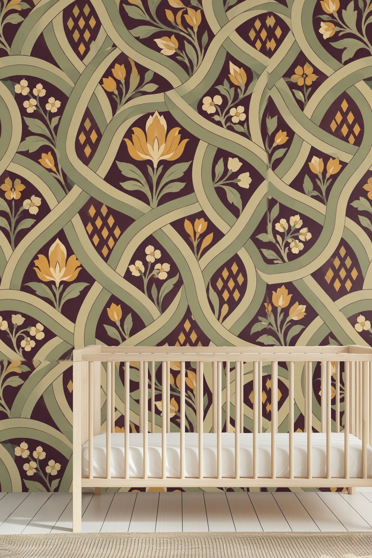 Close detail of lattice pattern interweaving around amber-tinted tulip flowers
