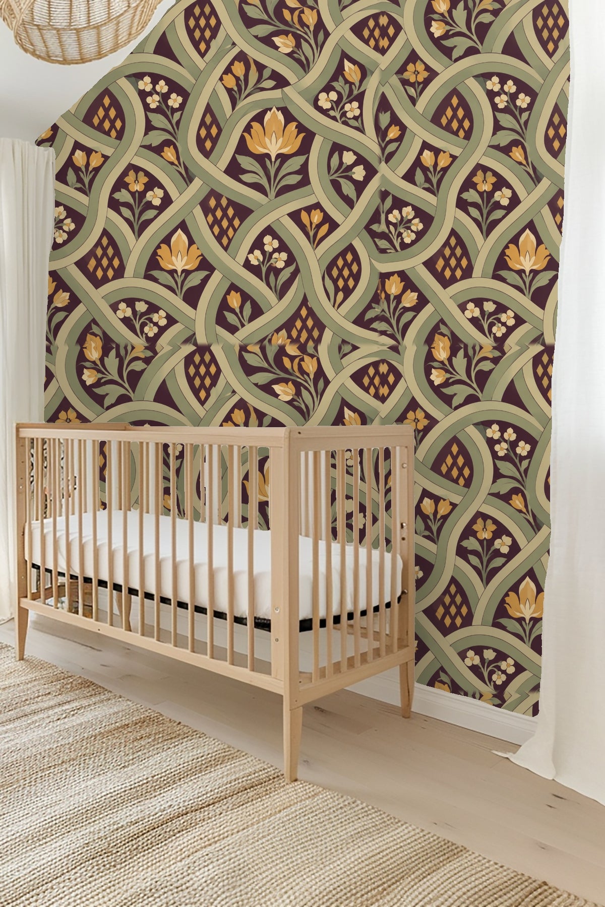 Floral vine motifs intertwined with lattice arches on dark brown background wallpaper