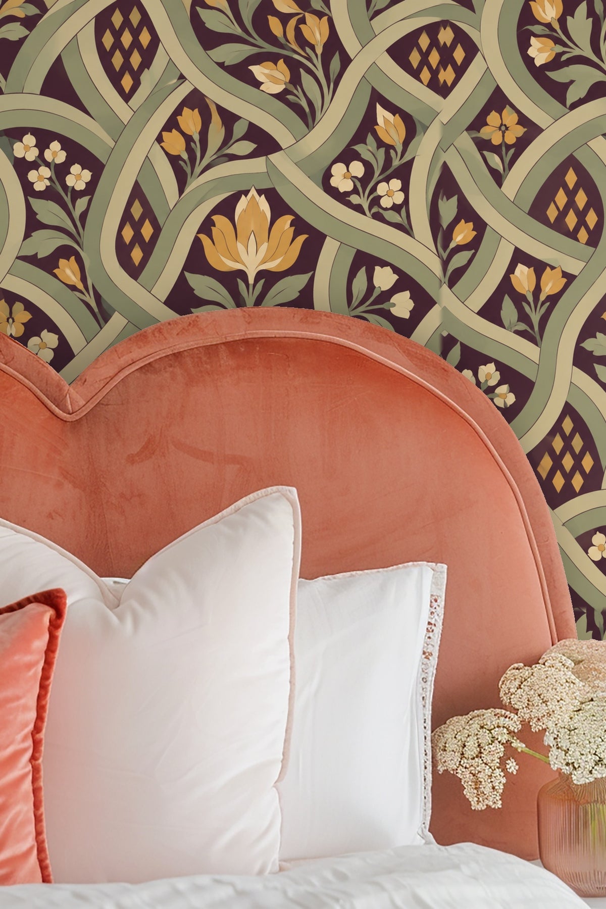 Detailed view of Moorish Garden Lattice wallpaper showing interlacing sage green bands and amber floral motifs