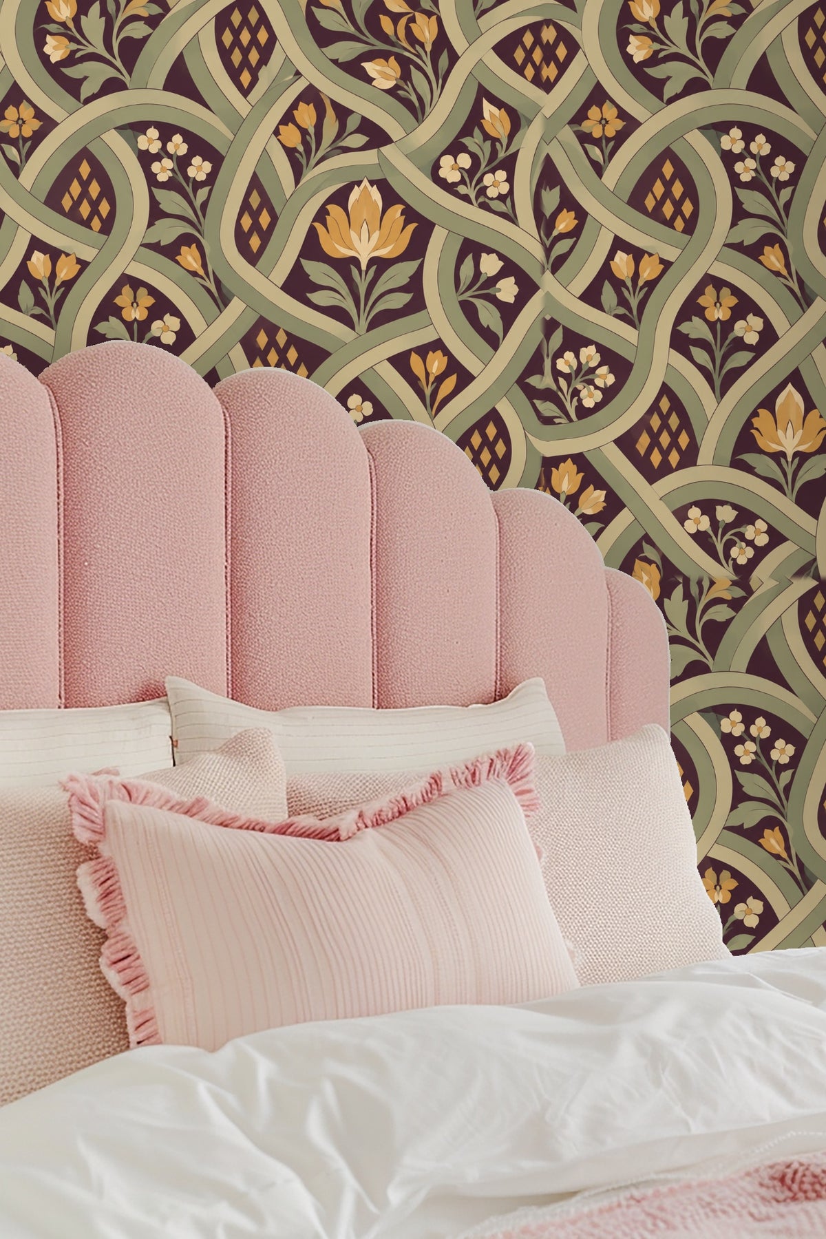 Section of wallpaper showing repeating floral clusters framed by soft green curving bands