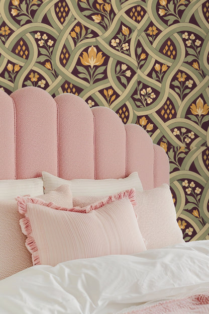 Section of wallpaper showing repeating floral clusters framed by soft green curving bands