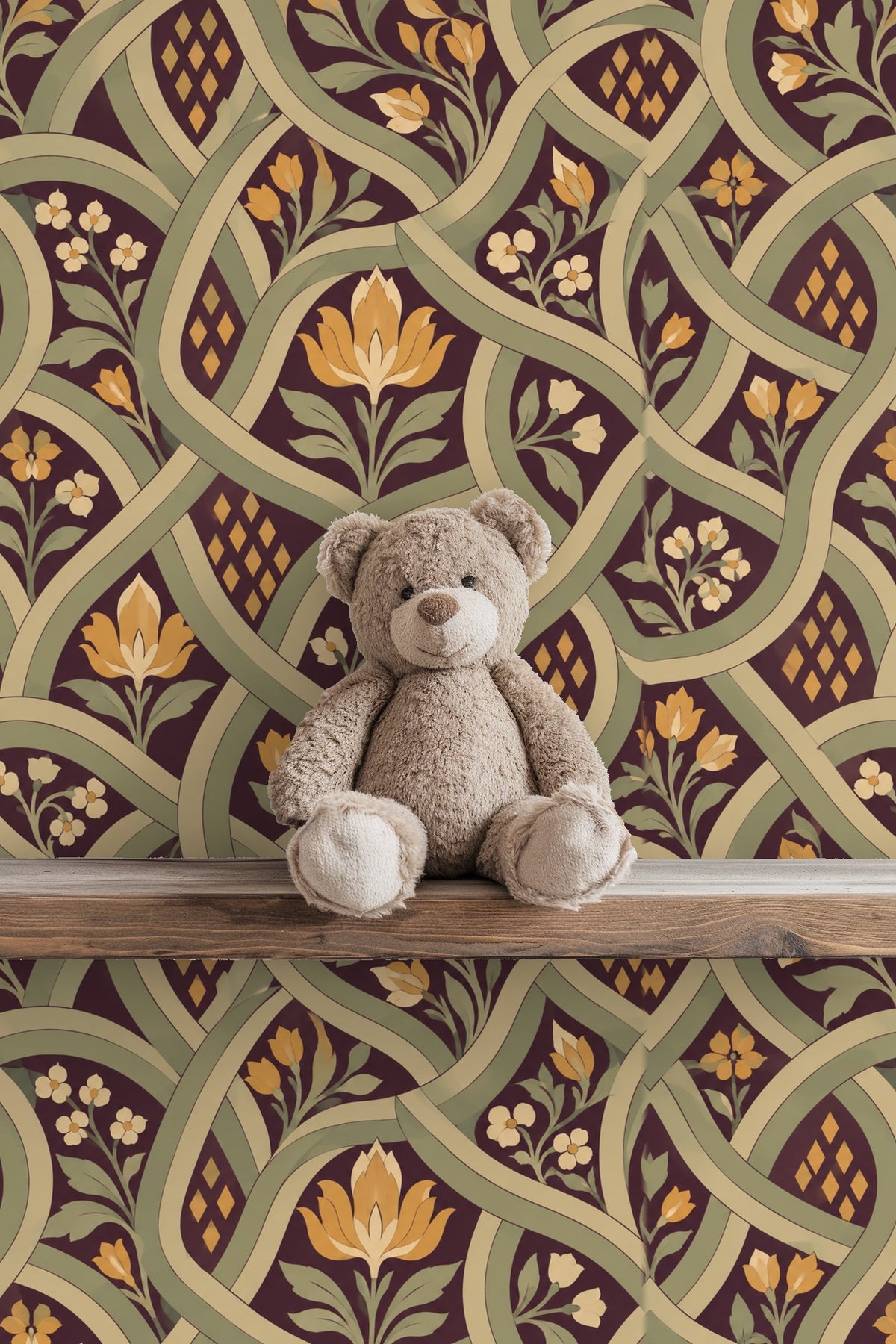Wallpaper detail highlighting rhythmic diamond shapes within the lattice