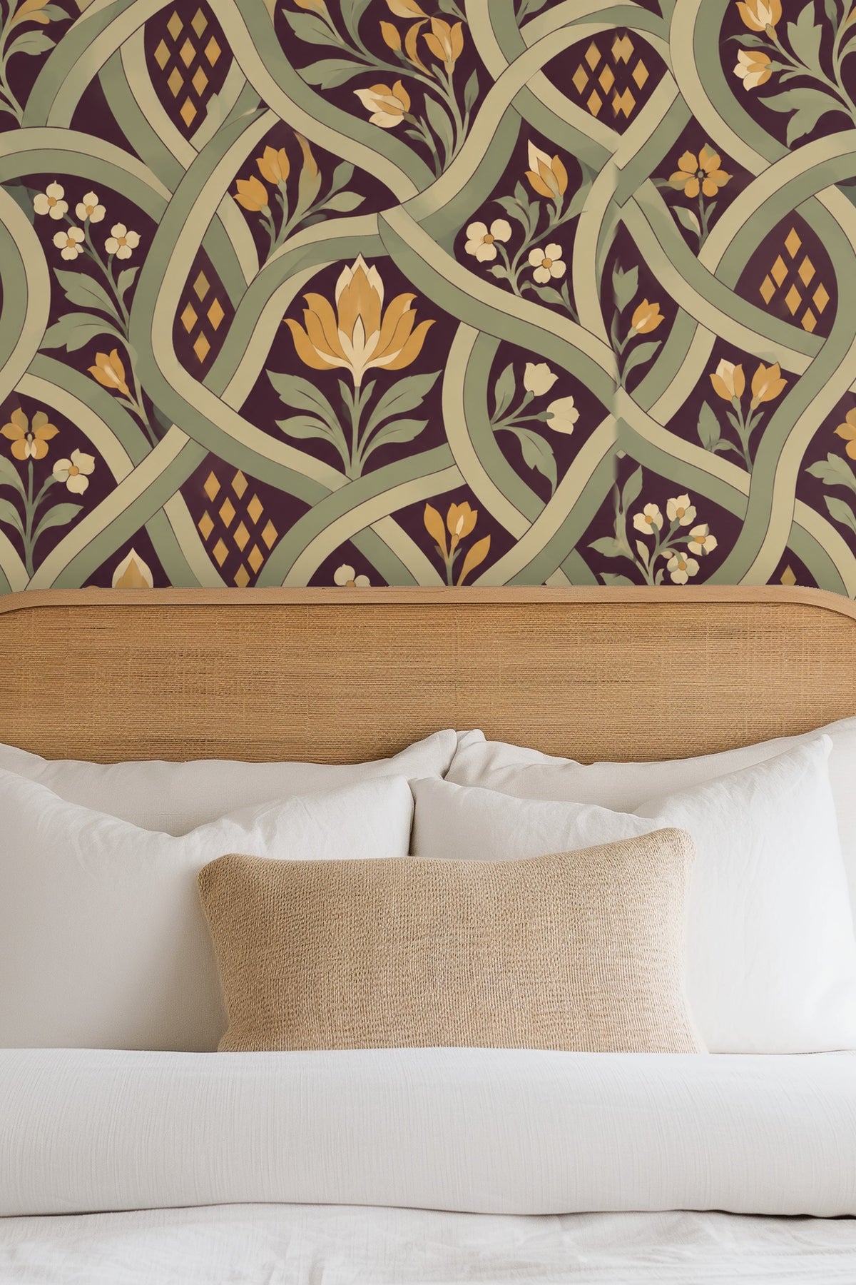 Pattern fragments showing both tight flower clusters and large stylized tulips