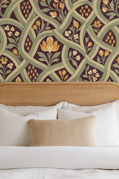 Pattern fragments showing both tight flower clusters and large stylized tulips