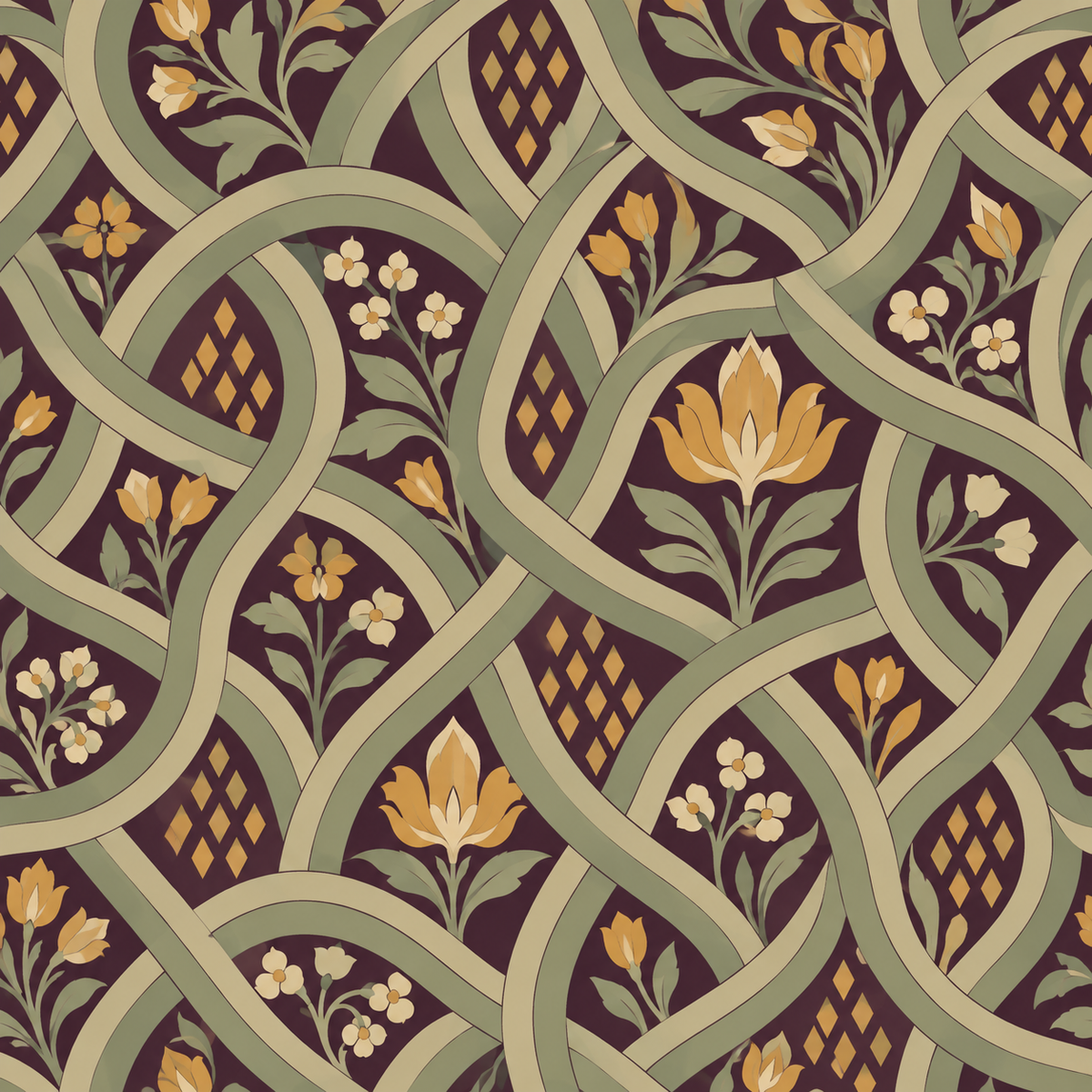 Arrangement of wallpaper panels showing continuous flow of floral lattice across wall