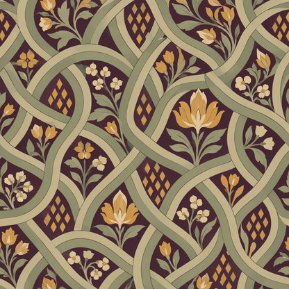 Arrangement of wallpaper panels showing continuous flow of floral lattice across wall