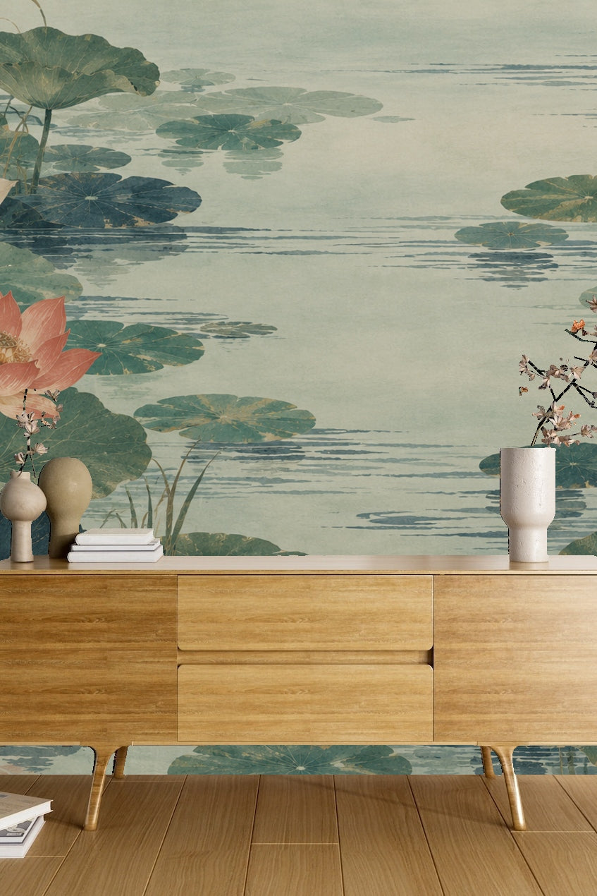 Close-up of lotus flower with detailed petals and leaves in muted green and coral tone.