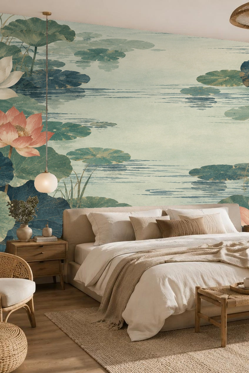 Illustrated wallpaper design showing lotus pond with overlapping green and blue leaves and coral and white lotus flowers.