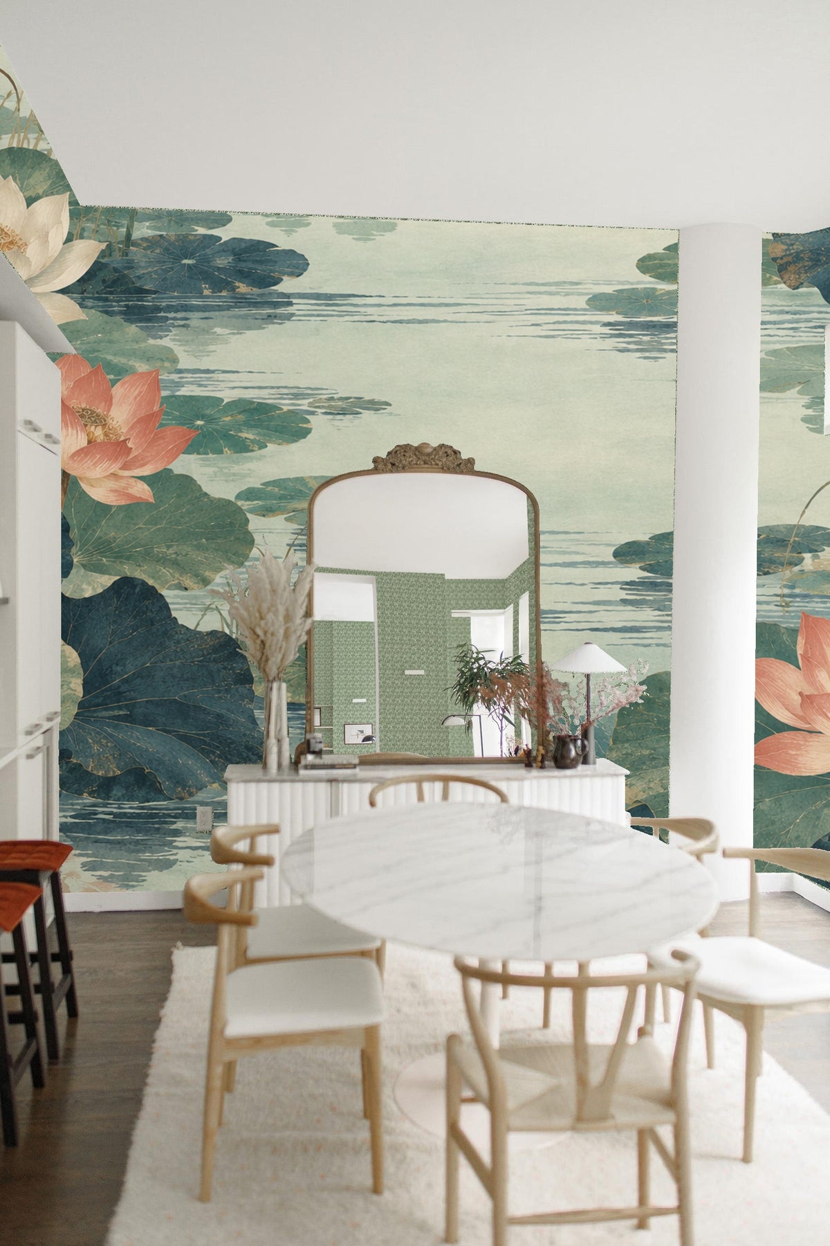 Wide view of wallpaper showing extended water surface with delicate line patterns and scattered lotus leaves.