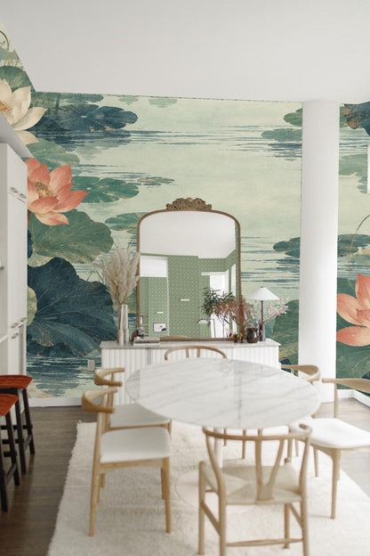 Wide view of wallpaper showing extended water surface with delicate line patterns and scattered lotus leaves.