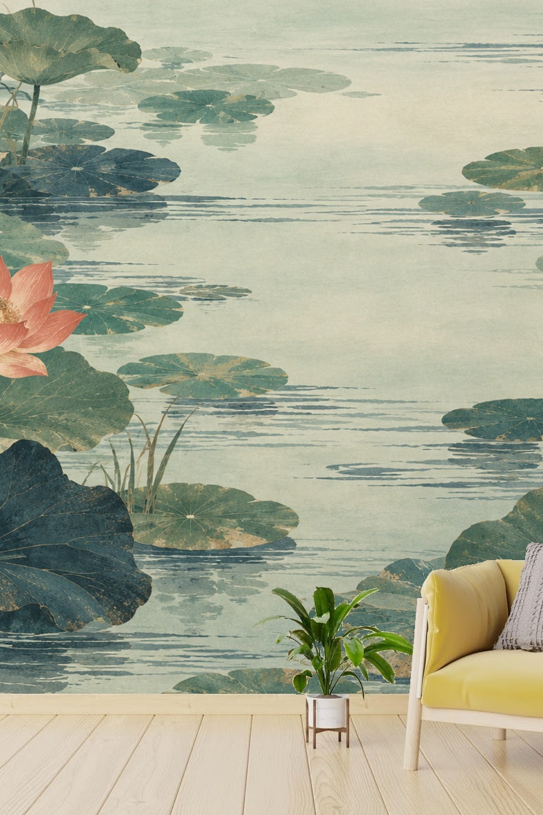 Bedroom with lotus pond wallpaper behind bed featuring neutral bedding and natural wood furniture.