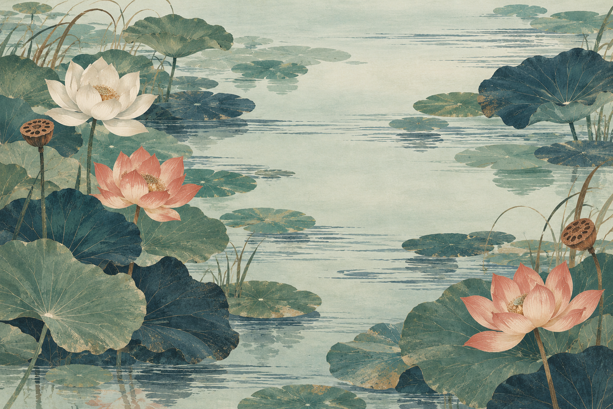 Partial wall image showing serene horizon line with lotus and water reflections in soft tone.