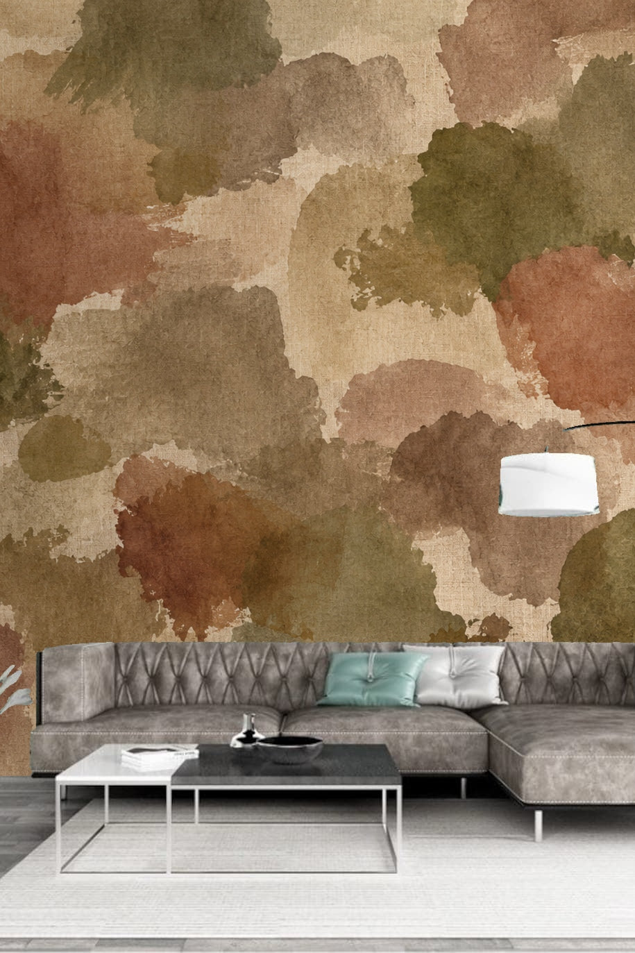 Textured abstract blotches in rust, olive, and beige hues