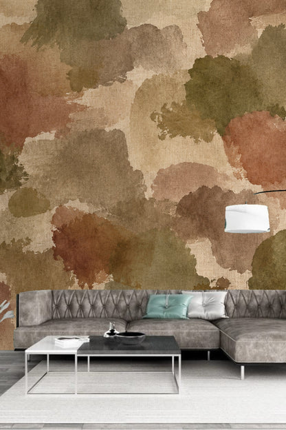 Textured abstract blotches in rust, olive, and beige hues