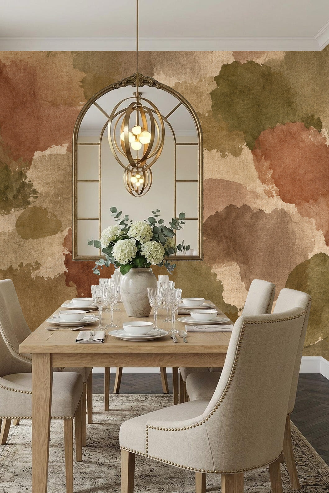 Interior view showing warm watercolor mural wallpaper