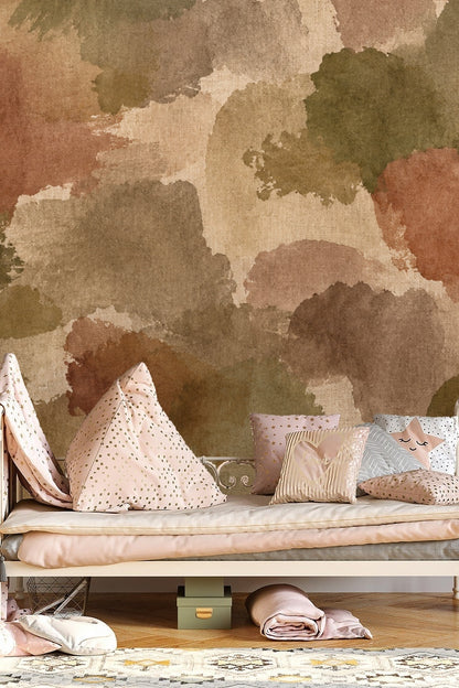 Room interior with earthy watercolor wall mural
