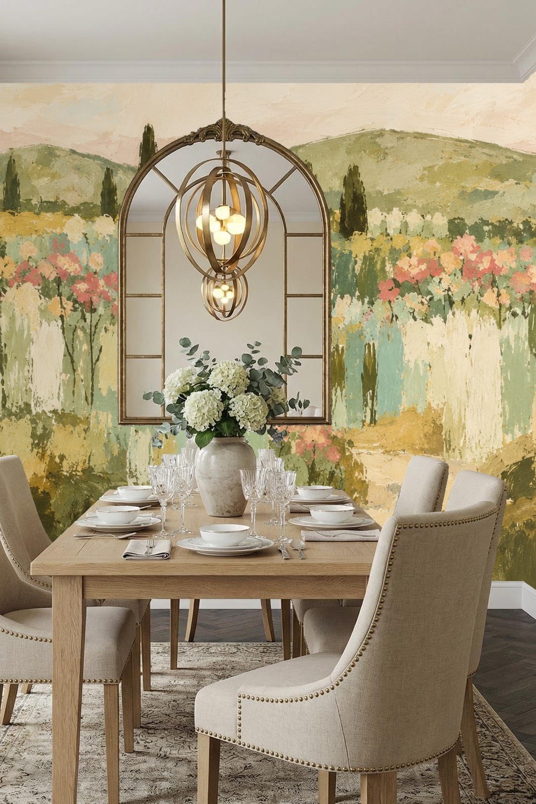 Wide view of wallpaper wall showing layered landscape and earthy soil tones