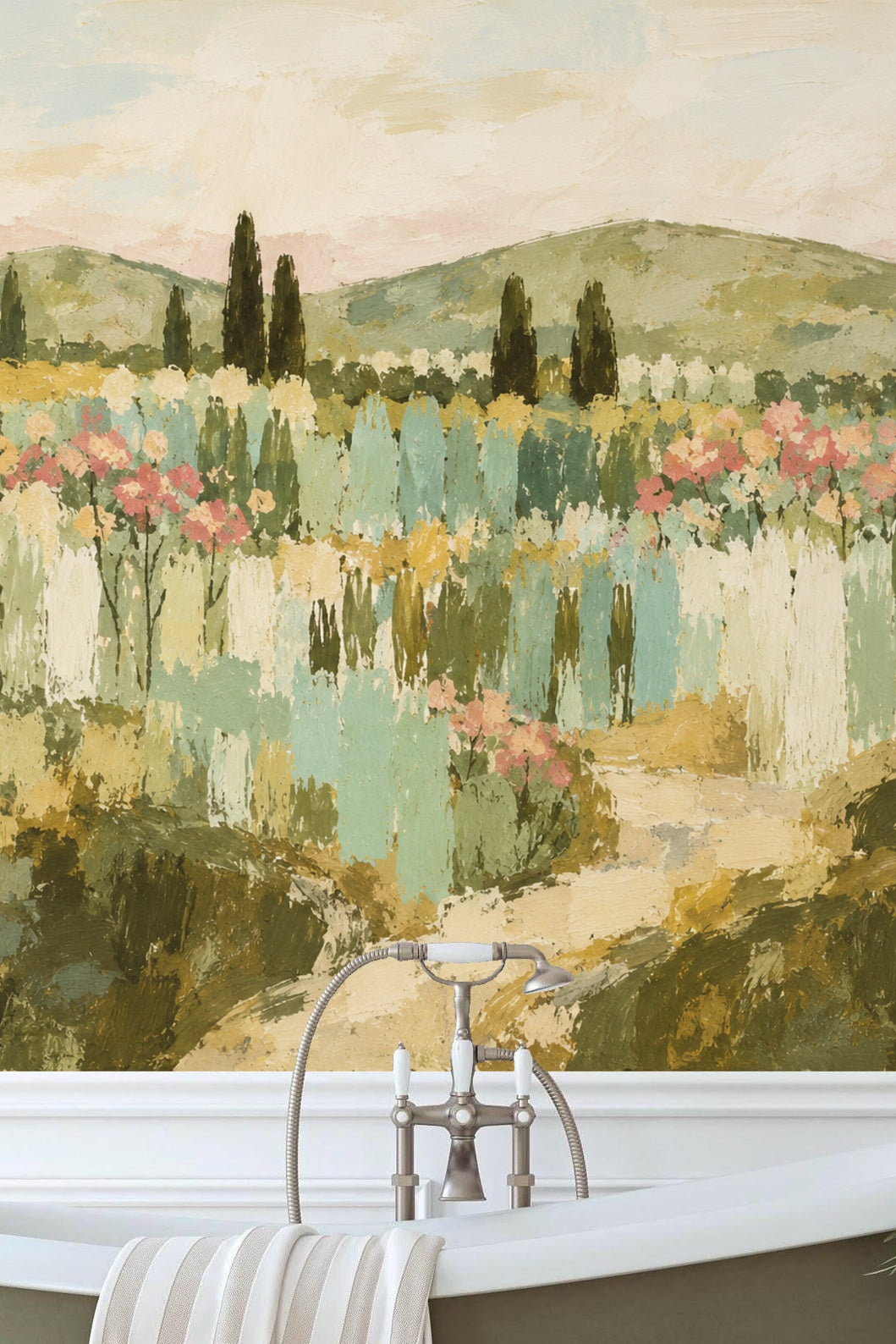 Muted blue vertical brushstroke elements in the meadow design