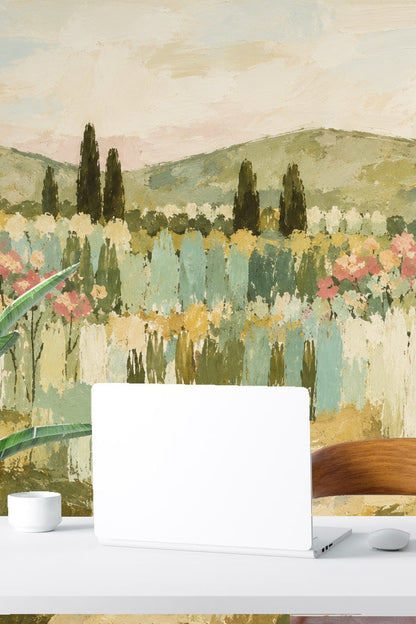 Close-up of textured brushstrokes showing cypress trees and floral shapes