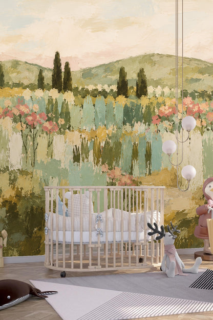 Subtle shadows cast by furniture emphasizing wallpaper's textured look