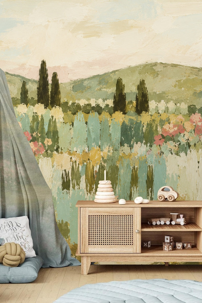 Living room view featuring a pink velvet chair against pastel cypress meadow wallpaper