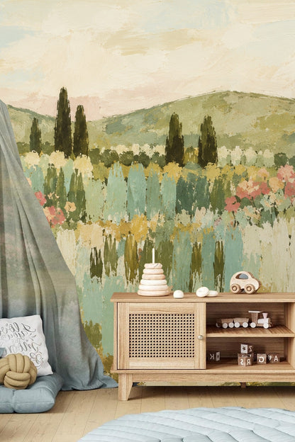 Living room view featuring a pink velvet chair against pastel cypress meadow wallpaper