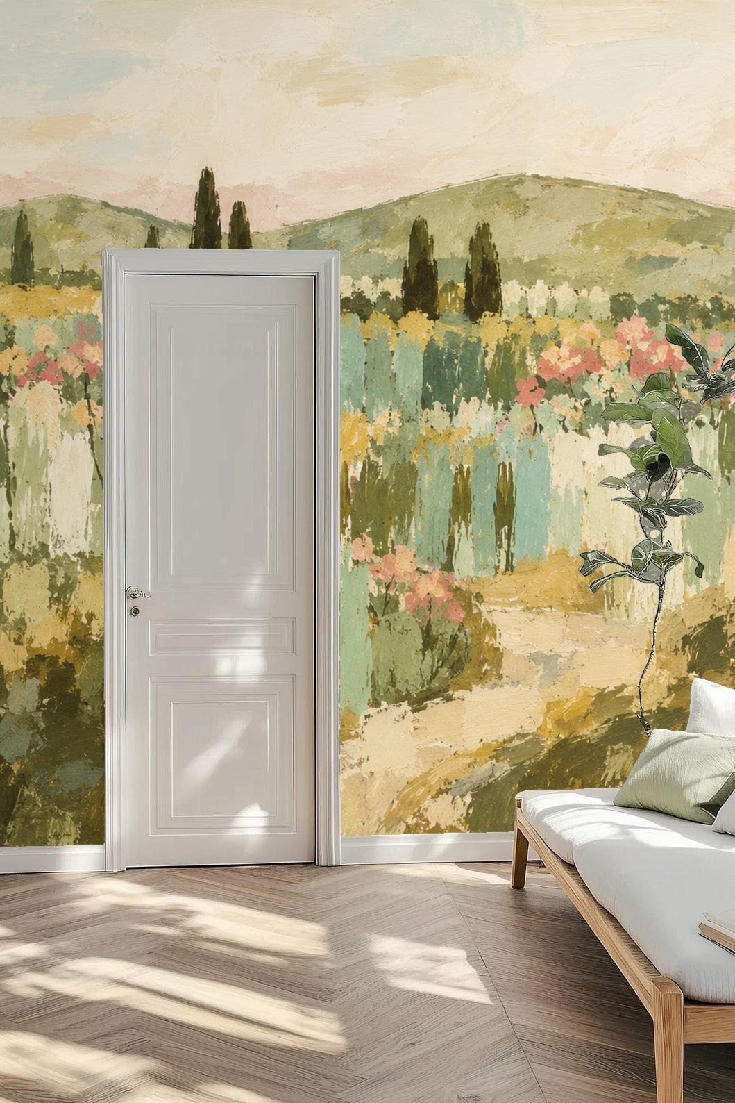 Section showing olive and mossy green brush textures with pink floral highlights