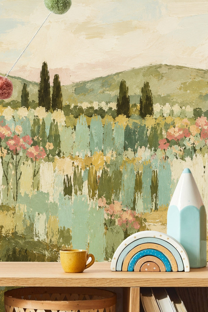 Textured paint effect highlighting slender cypress and blooming bushes