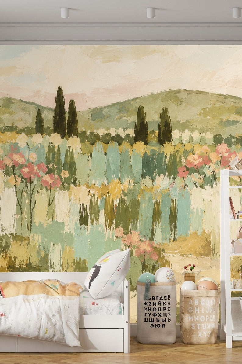 Children's room with pastel cypress meadow wallpaper, low wood cabinet, and soft toys