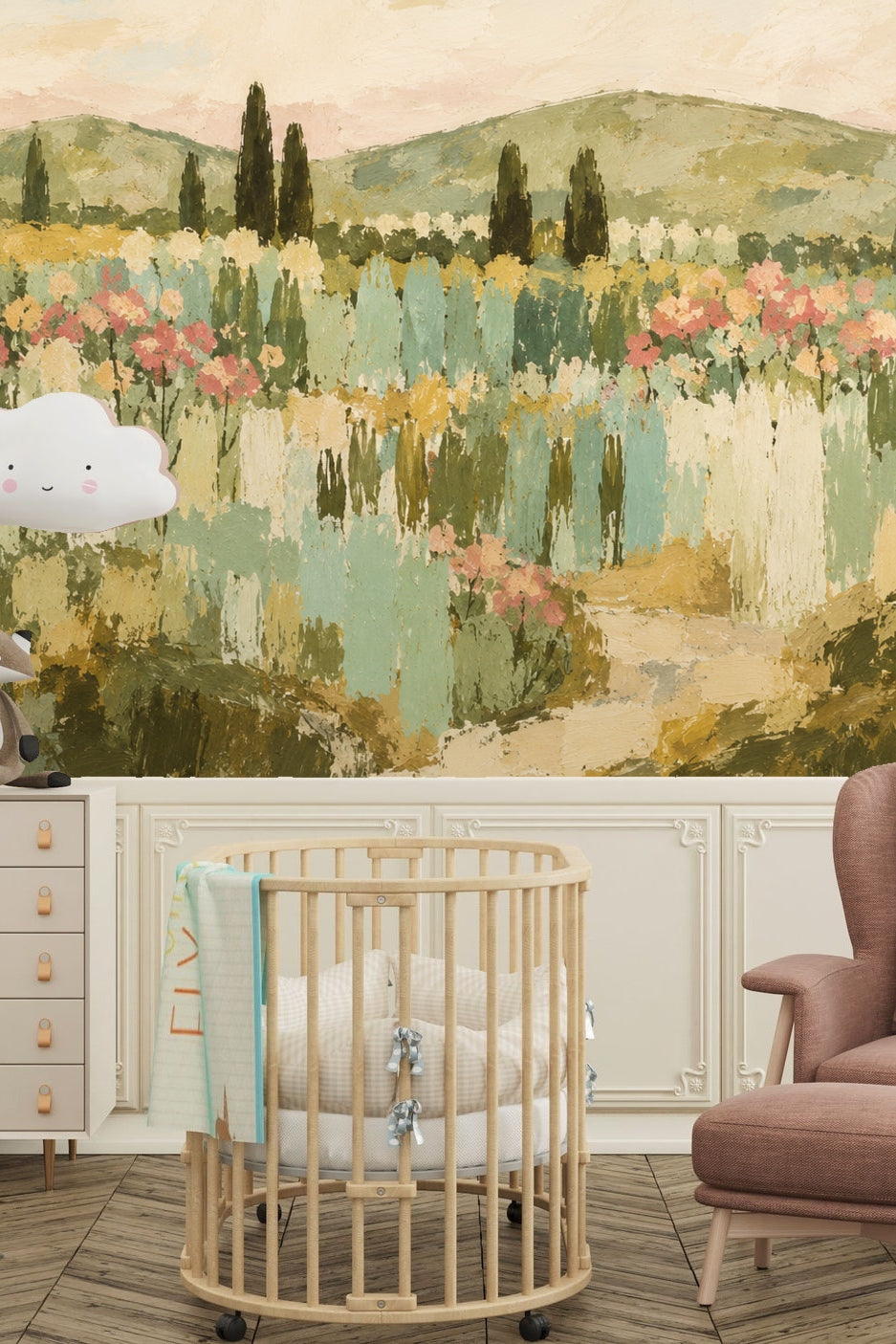Detail of muted green hills and pastel floral under a soft chalky sky