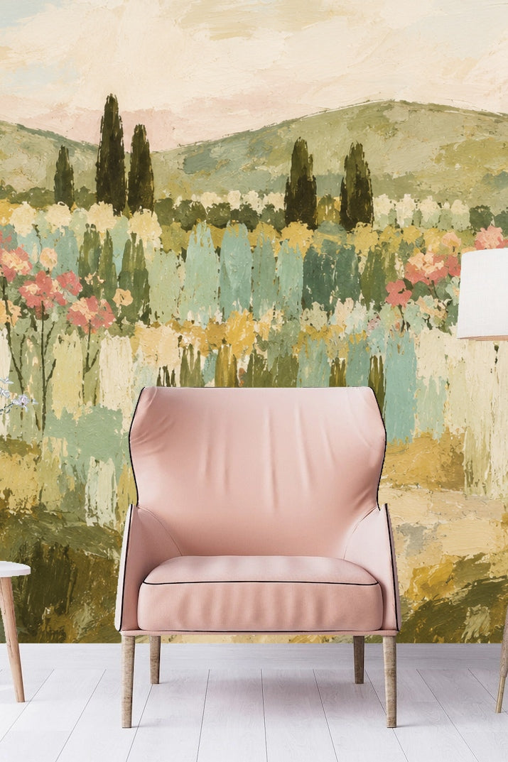 Impressionistic landscape wallpaper with cypress trees and pastel blooms on textured brushstrokes