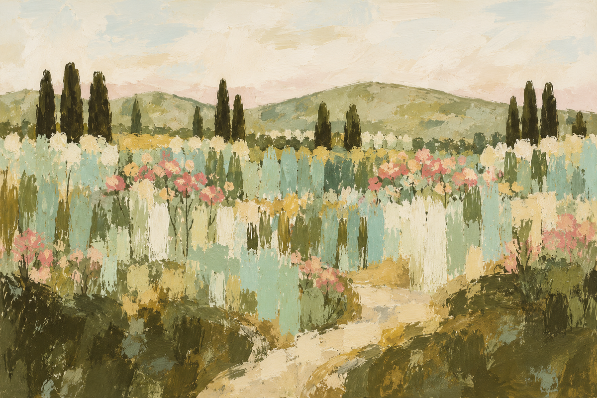 Partial abstract impressionist view of natural hillside planting with soft color palette