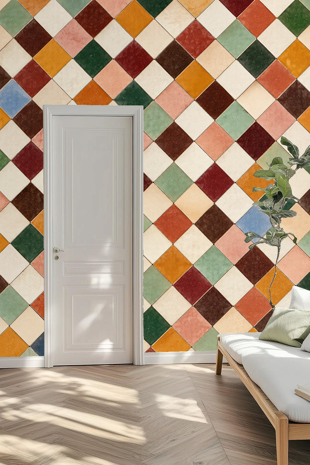 Side view of terracotta tile wallpaper showing tile grout lines