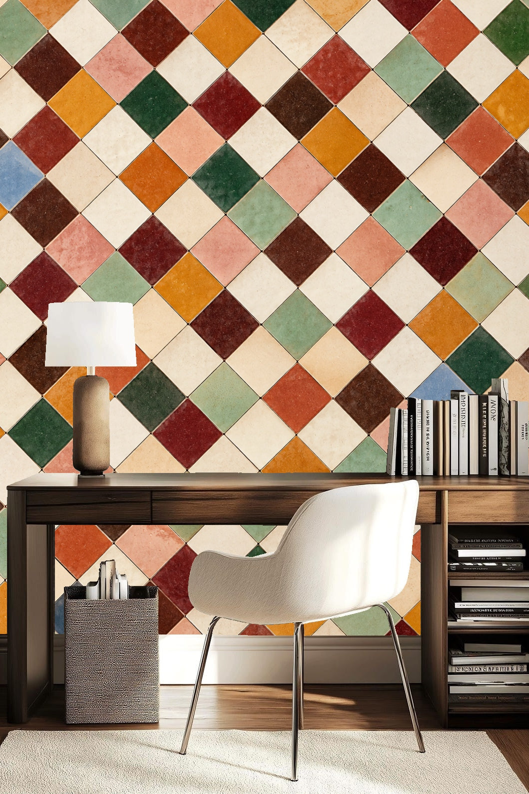 Warm ochre and green matte tiles arranged diagonally