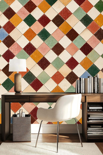 Warm ochre and green matte tiles arranged diagonally