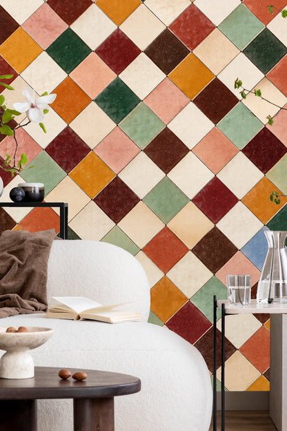 Detail of dusty pink square tile in terracotta grid pattern