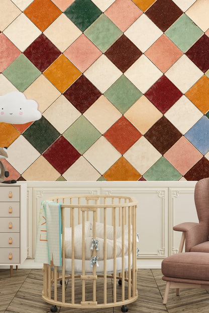 Deep red and cream tiles in artisan tile pattern wallpaper