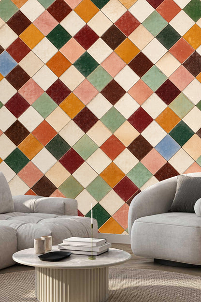 Light cream tile surrounded by colorful squares
