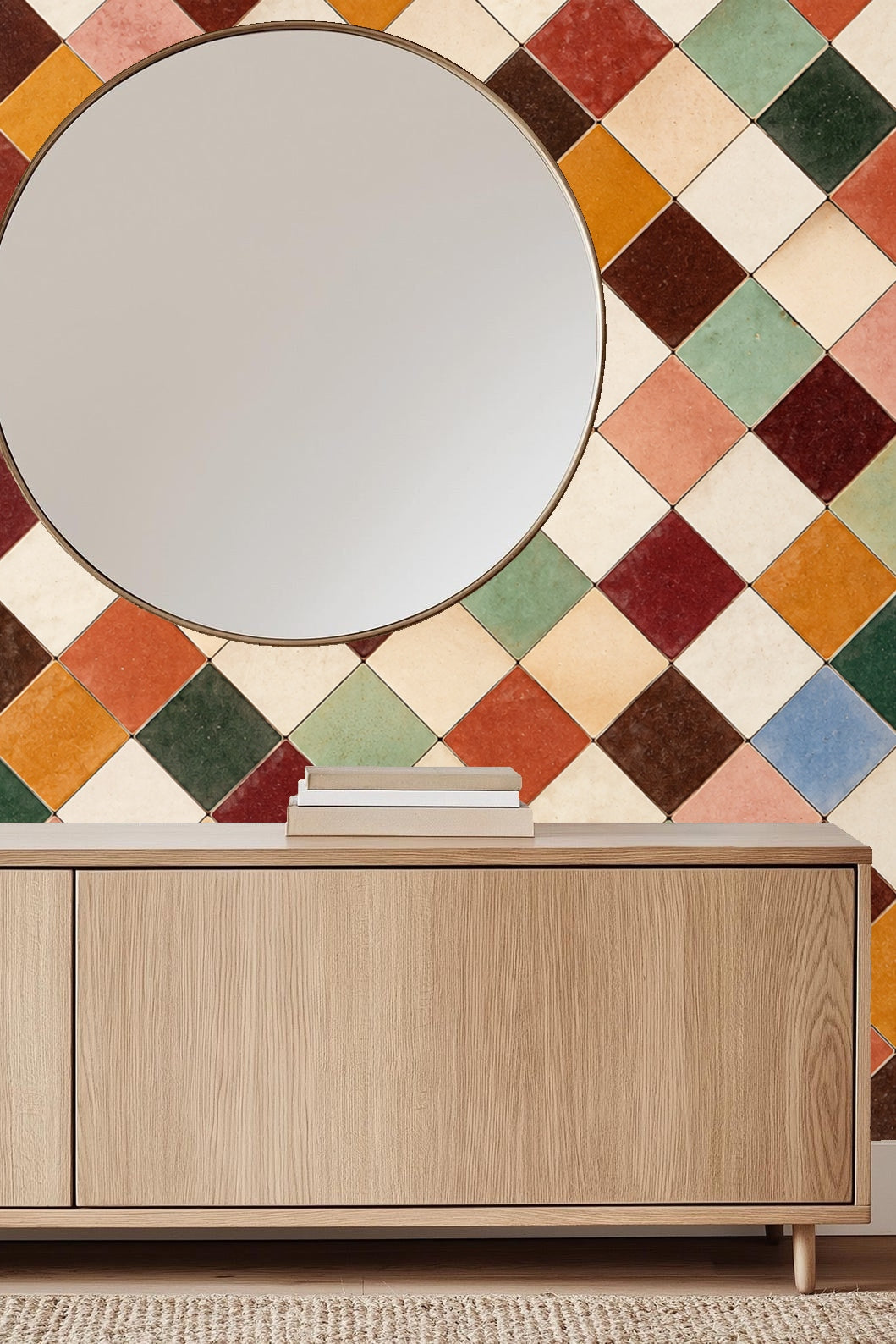 Living room wall with terracotta tile grid wallpaper and rattan cabinet