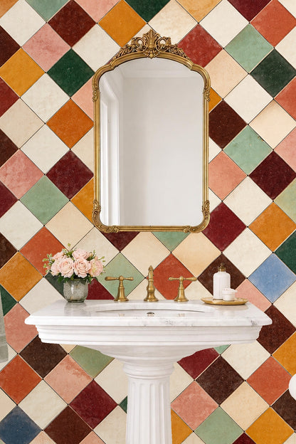 Blue glazed tile accent in warm terracotta checkerboard