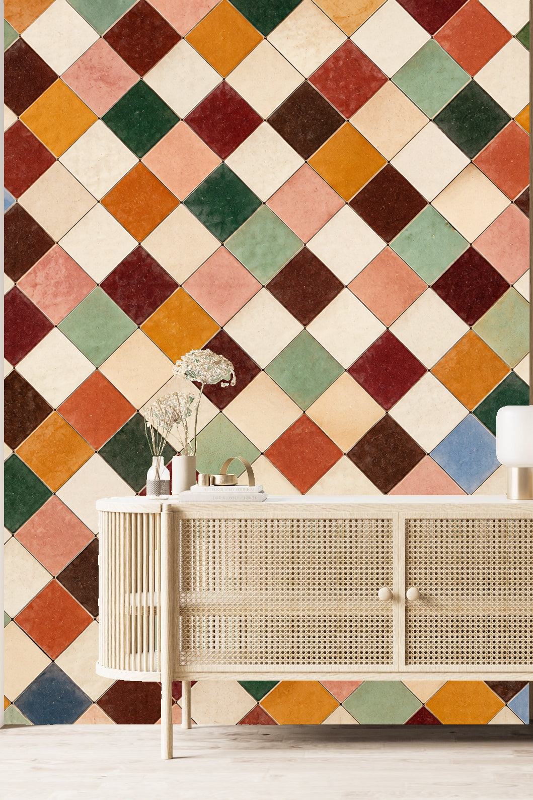 Close-up of geometric terracotta tile pattern in earthy colors