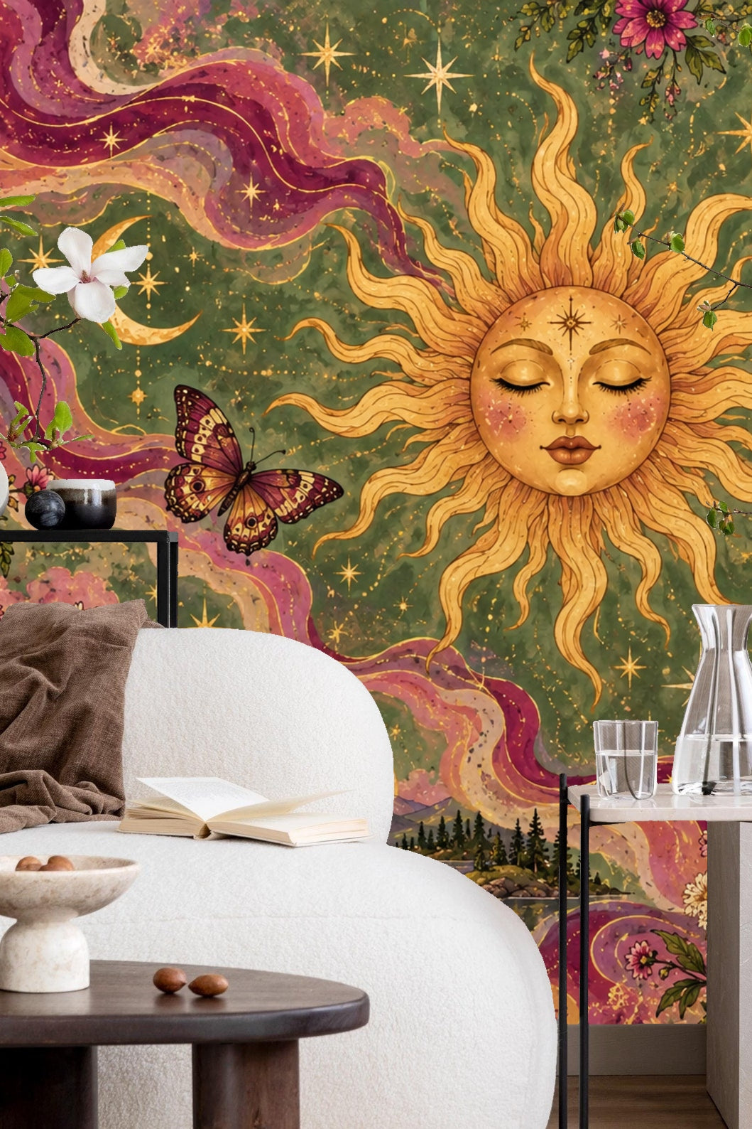 Butterfly with detailed wings flying near the sun illustration