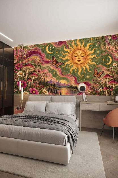 Room with blush chair against celestial meadow wallpaper