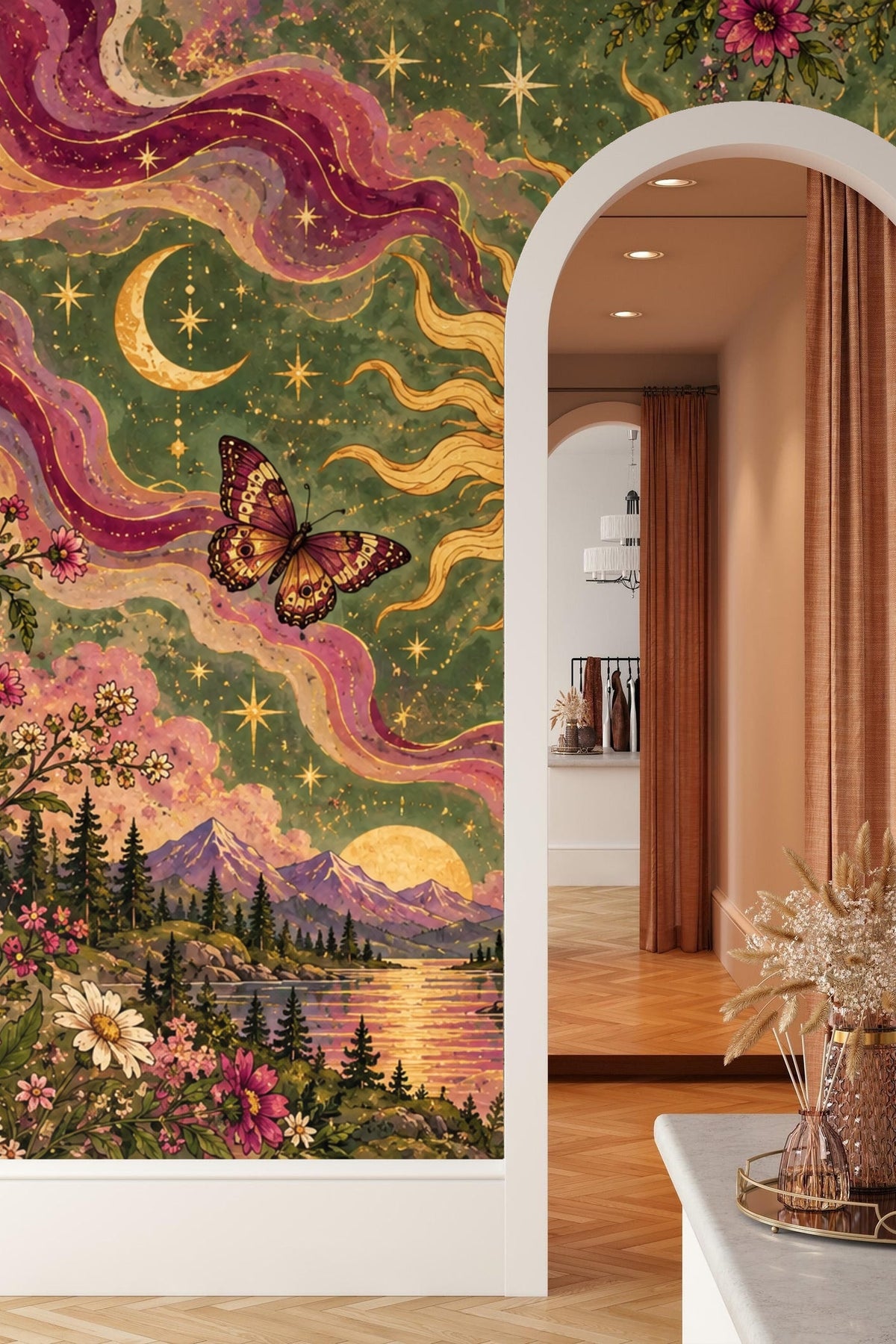 Bedroom façade with bed and celestial wallpaper backdrop
