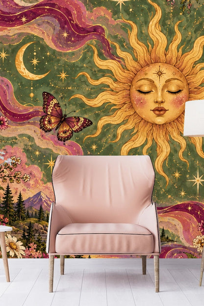 Detailed illustration of a serene sun with a human face surrounded by golden rays